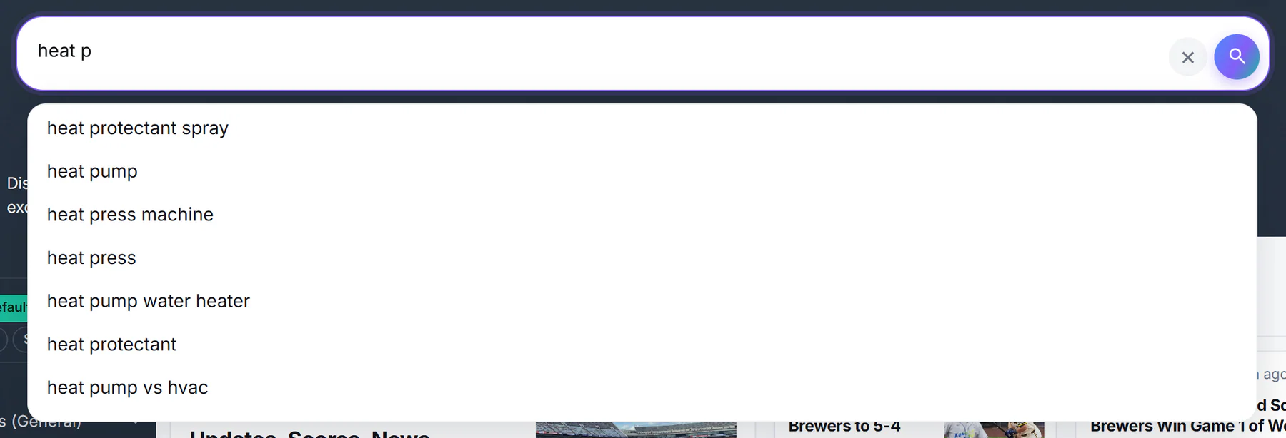 The search box with the letters heat p typed and a list of suggested searches under it