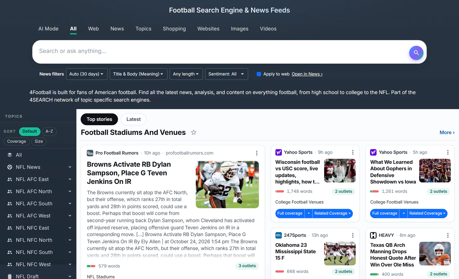 The 4Football home page: its own tagline, a shorter row of tabs, the same search box and a topics list about football