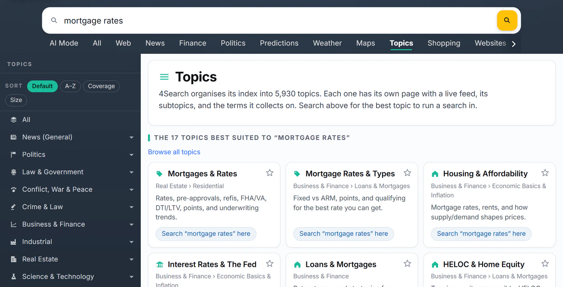 The Topics page after searching for mortgage rates: a heading counting the topics best suited to the words, and topic cards that each offer to search the words inside that topic
